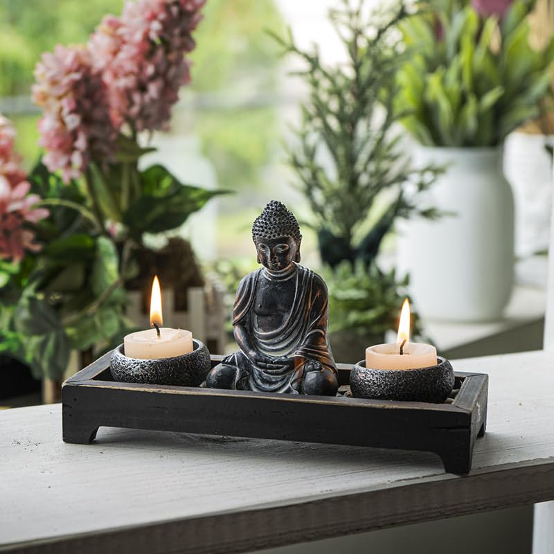 Pacific Giftware Meditation Zen Garden Set with Black Buddha Figurine Two Tea Light Holders Rock Decorative Wood Display Tray Perfect for Table Decor Meditation Yoga 8" x 6"