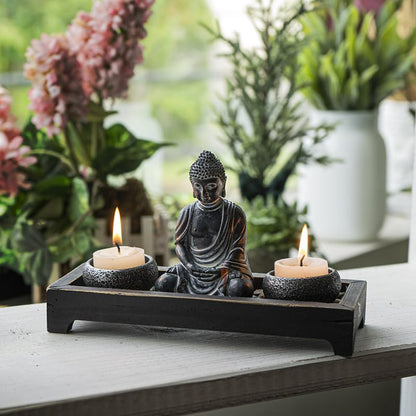 Pacific Giftware Meditation Zen Garden Set with Black Buddha Figurine Two Tea Light Holders Rock Decorative Wood Display Tray Perfect for Table Decor Meditation Yoga 8" x 6"