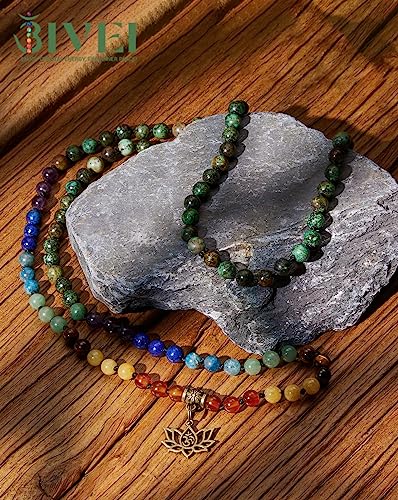 Bivei 7 Chakra 108 Mala Beads Bracelet Real Gemstone Yoga Meditation Hand Knotted Mala Prayer Bead Necklace - size: 6mm, style: Lotus OM - African Turquoise