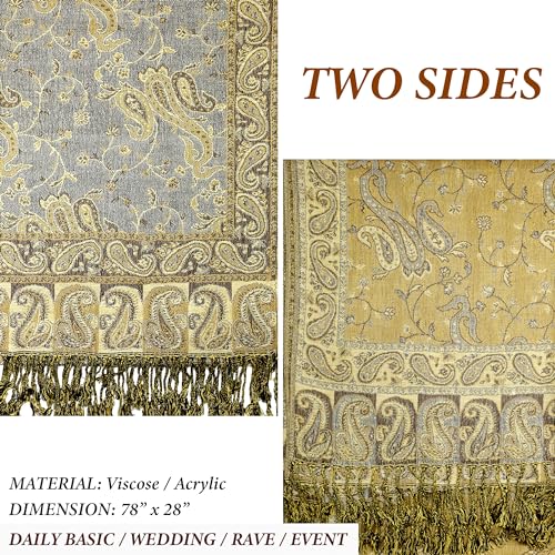 Achillea Reversible Paisley Pashmina Rave Scarf – Exotic Indian Shawls and Wraps for Evening Dresses, Festivals, All Seasons - color: Grey Gold
