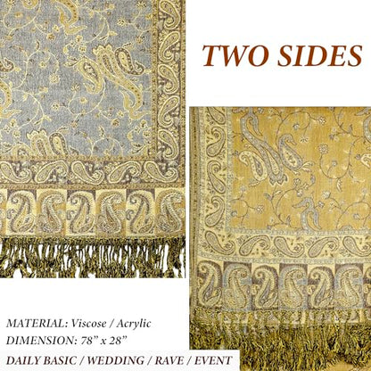 Achillea Reversible Paisley Pashmina Rave Scarf – Exotic Indian Shawls and Wraps for Evening Dresses, Festivals, All Seasons - color: Grey Gold