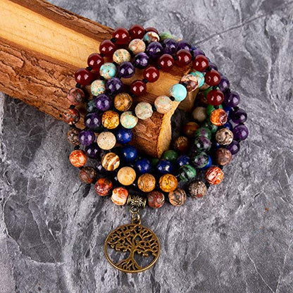 Bivei 7 Chakra 108 Mala Beads Bracelet Real Gemstone Yoga Meditation Hand Knotted Mala Prayer Bead Necklace - size: 8mm, style: # Life Tree - 7 Chakras