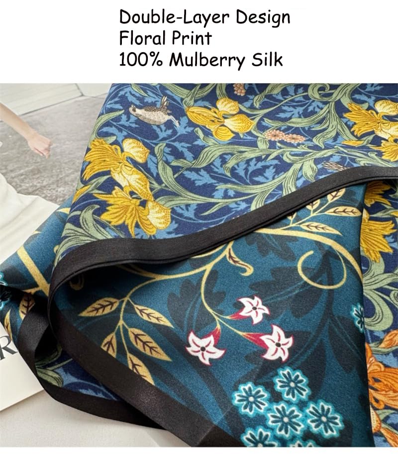 100% Silk Scarf for Women 59”*6.3” Long Shawls for Headscarf and Neck- Oblong Hair Wraps with Gift Packed - color: Floral-navy Blue