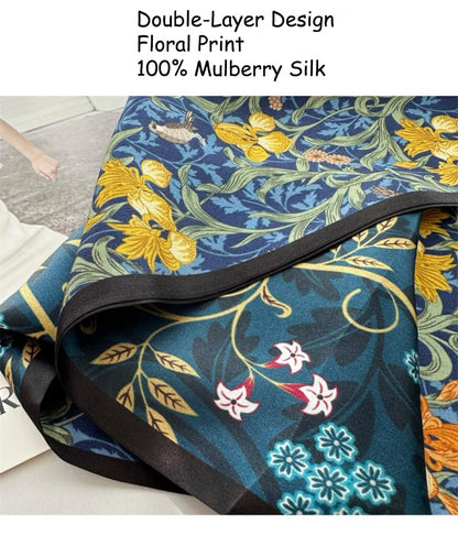 100% Silk Scarf for Women 59”*6.3” Long Shawls for Headscarf and Neck- Oblong Hair Wraps with Gift Packed - color: Floral-navy Blue