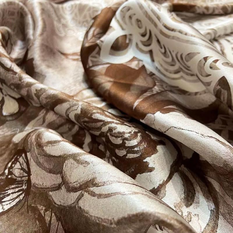 ANDANTINO 100% Mulberry Silk Square Scarf for Hair-25.6" X25.6'' Women Men Natural Silk Neckerchief Digital Printed Headscarf - color: Flowers-coffee
