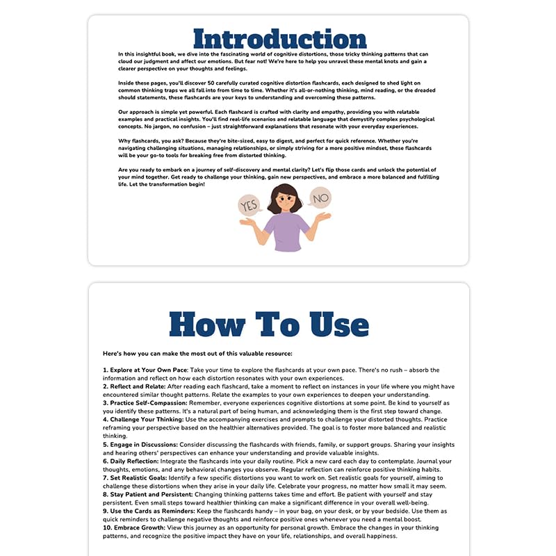 Cognitive Distortion Flashcards, 50 Cards for Mental Health and Thought Pattern Recognition, Blue