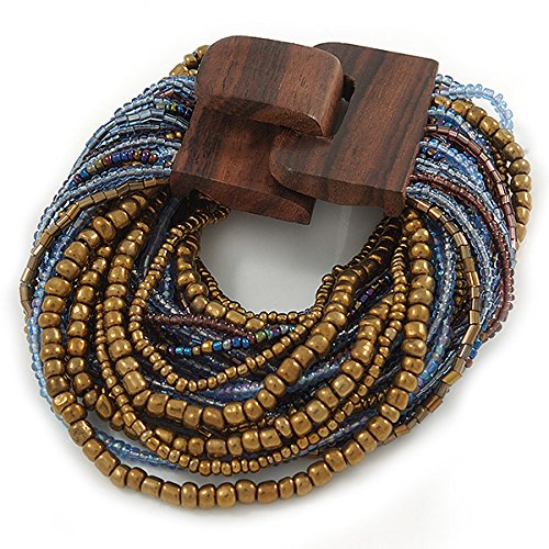 Avalaya Bronze/Light Blue/Purple/Peacock Glass Bead Multistrand Flex Bracelet With Wooden Closure - 19cm L