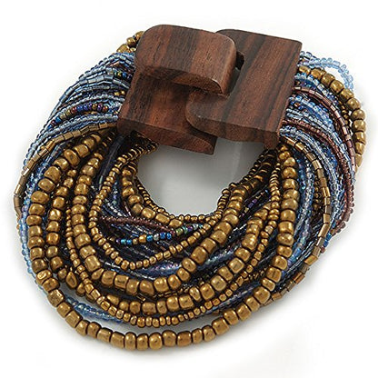 Avalaya Bronze/Light Blue/Purple/Peacock Glass Bead Multistrand Flex Bracelet With Wooden Closure - 19cm L