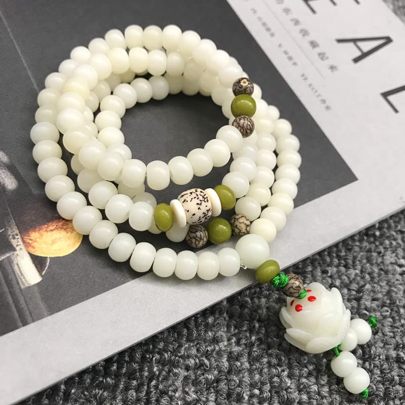 Caiyao White Jade Natural Bodhi Root Lotus bracelet 108 Mala Prayer Mantra Rosary Beads Meditation Lotus Hand String Bracelets Yoga Relieve Stress Anxiety Jewelry for Women Men - style: Long Layers