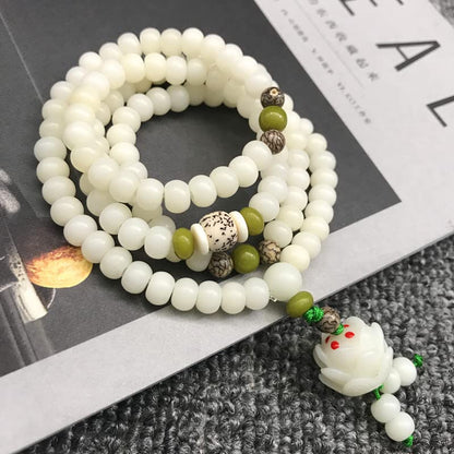 Caiyao White Jade Natural Bodhi Root Lotus bracelet 108 Mala Prayer Mantra Rosary Beads Meditation Lotus Hand String Bracelets Yoga Relieve Stress Anxiety Jewelry for Women Men - style: Long Layers