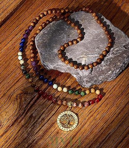 Bivei 7 Chakra 108 Mala Beads Bracelet Real Gemstone Yoga Meditation Hand Knotted Mala Prayer Bead Necklace - size: 6mm, style: Viking Compass - Wooden beads
