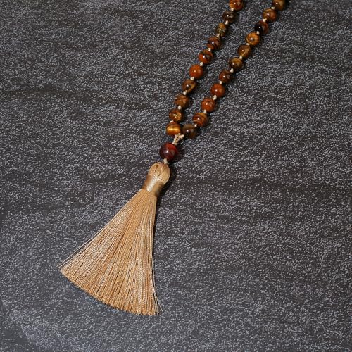 8mm Natural Stone 108 Mala Beads Necklace for Men and Women - color: Brown Tiger Eye