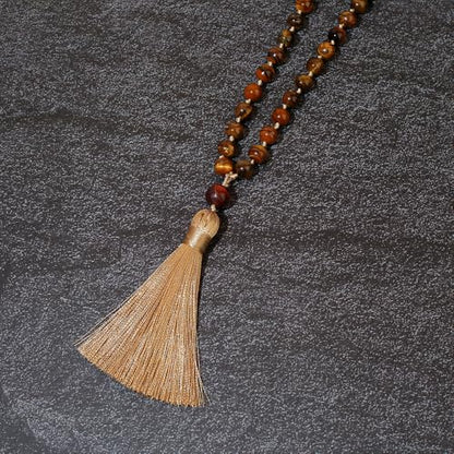 8mm Natural Stone 108 Mala Beads Necklace for Men and Women - color: Brown Tiger Eye