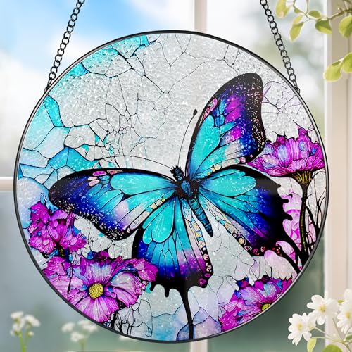 8 Inch Stained Glass Suncatcher Ornament, DOUHASU Butterfly Sun Catchers Indoor Window, Stained Glass Window Hanging, Home Decor, Butterfly Lovers Gifts for Her, Women, Mom, Grandma, Friend - color: Butterfly