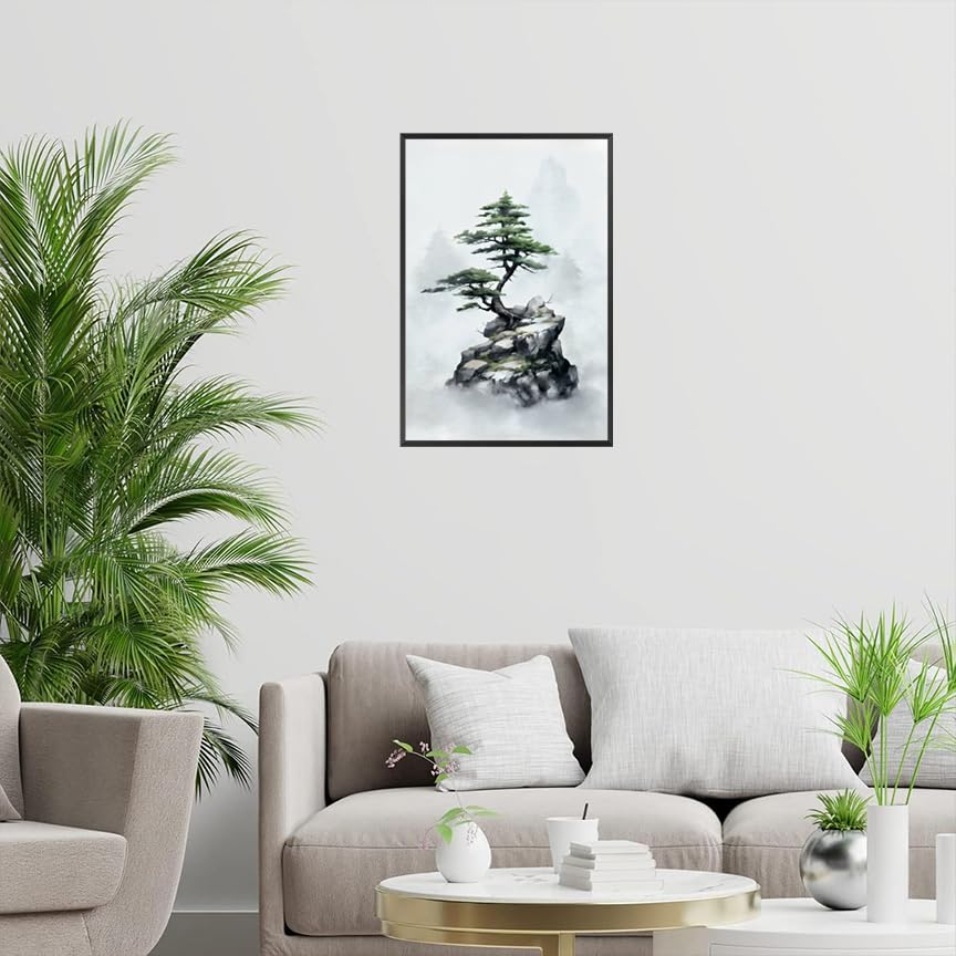 Japan Zen Canvas Wall Art Misty Pine Tree Meditation Poster Japanese Mountain Top Bonsai Peaceful Aesthetic Prints Painting For Spa Yoga Bedroom Wall Decor 12x16in Unframed