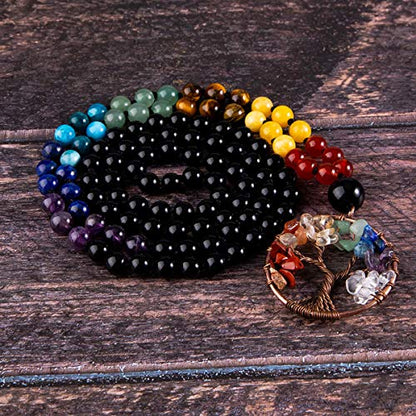 Bivei 108 Mala Beads Necklace Life Tree 7 Chakra Wrap Bracelet Real Healing Gemstone Yoga Meditation Hand Knotted Mala Prayer Bead Necklace - color: Black Agate, size: 6mm