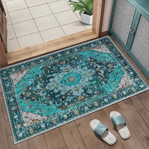 Ciicool Washable 2x3 Entry Rug, Small Rugs for Entryway Kitchen Bathroom Door Mat Indoor Entrance, Non Slip Rubber Backing, Stain & Fade Resistant,Oriental Low-Pile Throw Carpet - color: Teal/Multi, size: 2' x 3' (Rectangular)