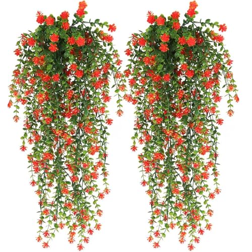 WEISPARK Artificial Hanging Flowers, 4pcs Fake Eucalyptus Vine Faux Flower Greenery Garland Plastic Plants for Indoor Outdoor Wall Garden Wedding Home Party Decor (Orange-4pcs) - color: Orange-4pcs