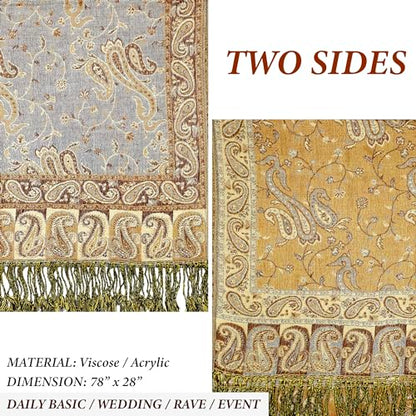 Achillea Reversible Paisley Pashmina Rave Scarf – Exotic Indian Shawls and Wraps for Evening Dresses, Festivals, All Seasons - color: Grey Bronze