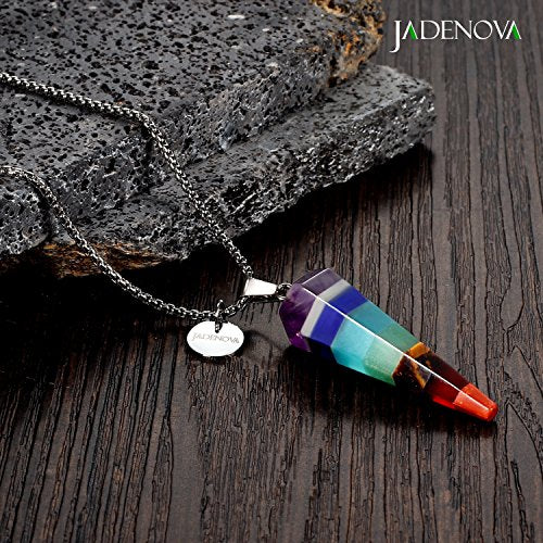 JADENOVA 7 Chakra Stones Necklace Gemstone Pendant Necklace Energy Healing Crystal Divination Pendulum For Women (Cone Hexagonal, 18 Inches Stainless Steel Chain) - style: Cone-shaped 7 Chakra Pendant Necklace
