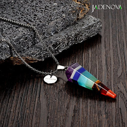 JADENOVA 7 Chakra Stones Necklace Gemstone Pendant Necklace Energy Healing Crystal Divination Pendulum For Women (Cone Hexagonal, 18 Inches Stainless Steel Chain) - style: Cone-shaped 7 Chakra Pendant Necklace
