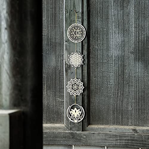 Qallicon 5.31" Sacred Geometry Wall Art 4 PCS Set, (Mandala, Buddha Lotus, 64 Star Tetrahedron, Sun Moon and Stars) Crystal Grid Meditation Chakra Wooden Wall Art Yoga Decor Spiritual Gifts