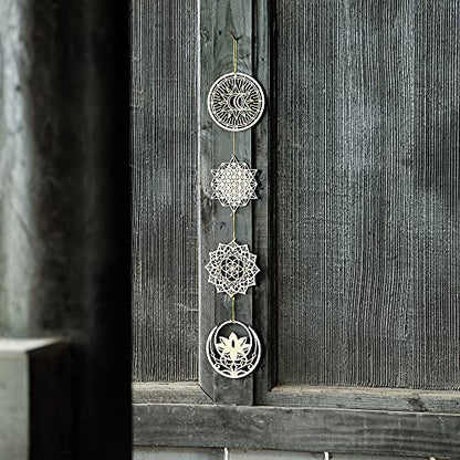 Qallicon 5.31" Sacred Geometry Wall Art 4 PCS Set, (Mandala, Buddha Lotus, 64 Star Tetrahedron, Sun Moon and Stars) Crystal Grid Meditation Chakra Wooden Wall Art Yoga Decor Spiritual Gifts