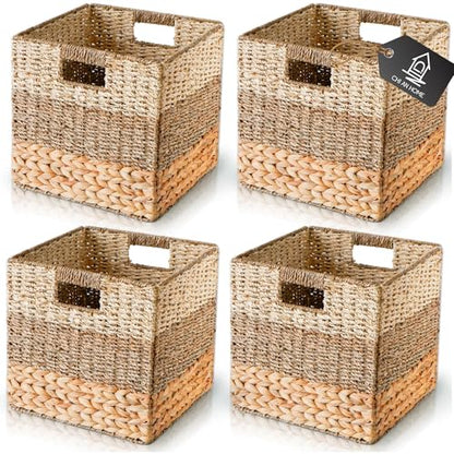 13x13x13 Storage Cube Bins Wicker Storage Basket for Cube Shelf, Natural Foldable Square Baskets for Storage, Large Woven Cube Storage Bin with Handle, Baskets for Pantry, Bedroom Set of 4