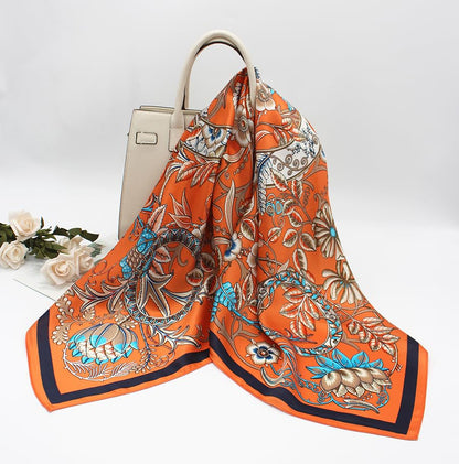 100% Pure Mulberry Silk Scarf 35" Large Square Lightweight Headscarf –Women’s Hair Wraps-With Gift Packed - color: Floral-orange
