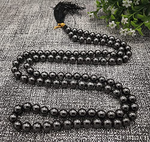 Amazing Gemstone Japa Mala 108 Prayer Beads Necklace and Wrist Mala Bracelet for Meditation - color: Hematite, size: Hand Knotted
