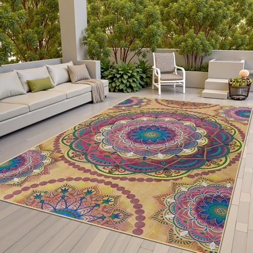 Meditation Indoor Outdoor Rug 8x10 ft Mandala Pattern Rug Boho Style,Yoga Meditation Mat Picnic Rug for Patio Living Room Porch Garden Deck Backyard Easy to Clean Non Shedding Non-Slip