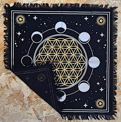 INDACORIFY Moon Phases Altar Table Top Cloth with Fringes Alter Tarot Witchcraft Spread Table Cloth Meditational Cloth 18x18 in (Gold & Silver Moon Phases with Flower of Life) - color: Gold & Silver Moon Phases With Flower of Life