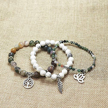 Tree of Life Yoga Healing Stone Bracelets,Multilayer Lotus Chakra Stone Reiki Bracelet Sets,Anxiety Crystal Natural Stone,for Women Stress Relief - style: Indian agate + white turquoise