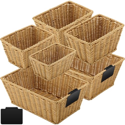6 Pcs Wicker Storage Baskets with Labels Handwoven Multi-size Natural Wicker Storage Bins for Organizing Small Baskets Container for Shelves Closet Pantry Toilet(Natural)