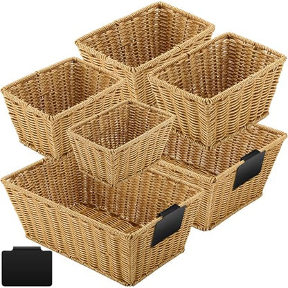6 Pcs Wicker Storage Baskets with Labels Handwoven Multi-size Natural Wicker Storage Bins for Organizing Small Baskets Container for Shelves Closet Pantry Toilet(Natural)