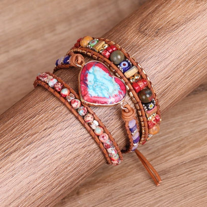 Handmade Boho Wrap Bracelets Natural Turquoise Crystal Stone Variety Beaded Strand Bracelet - color: Red Heart