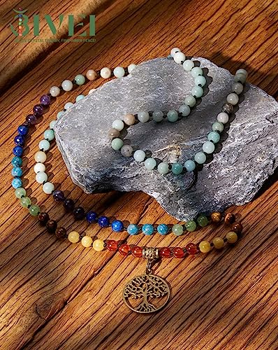 Bivei 7 Chakra 108 Mala Beads Bracelet Real Gemstone Yoga Meditation Hand Knotted Mala Prayer Bead Necklace - size: 6mm, style: Life Tree - Amazonite