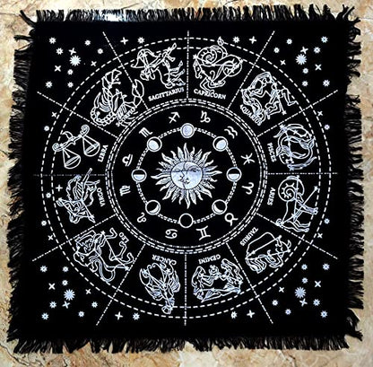 INDACORIFY Zodiac Constellation Altar Table Top Cloth with Fringes Alter Tarot Witchery Product Spread Spiritual Sacred Cloth 18x18 in (Silver Zodiac Constellation) - color: Silver Zodiac Constellation
