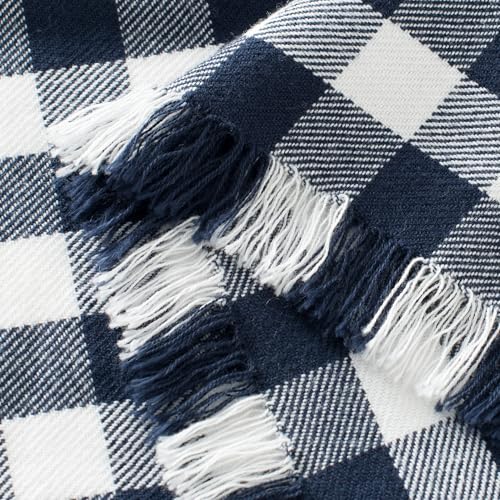 100% Cotton Throw Blanket Plaid Soft Lightweight Cozy Farmhouse Tassels Summer Thin Breathable Throws for Couch Sofa Bed (50" × 60" Navy Blue) - color: Navy Blue, size: 50"x60"