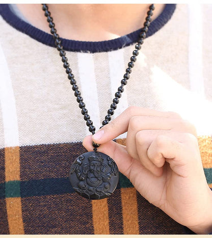 Natural black obsidian rainbow obisidan ice obsidian Maitreya launghing buddha necklace Amulet pendant bead chain - color: Ganesha elephant 2
