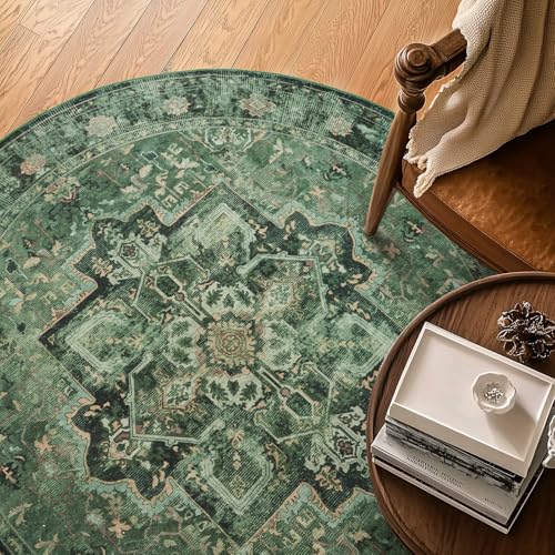 Green Round Washable Rugs 5ft, Vintage Medallion 5 Feet Circle Rug for Living Room Under Coffee Table, Low Pile Thin Non Slip 5x5 Round Area Rug Carpet for Dining Room/Bedroom/Entry - color: Medallion-green, size: 5' (Round)