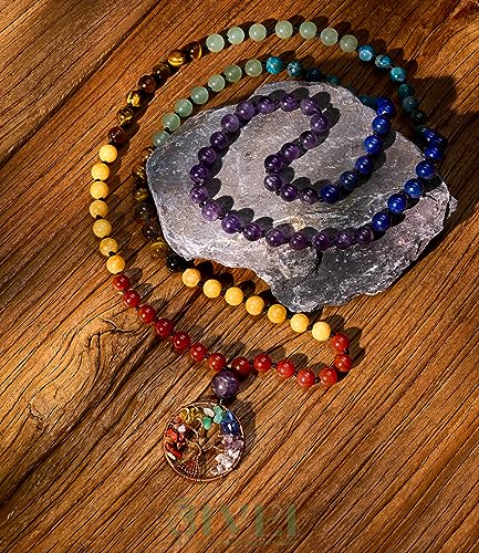 Bivei 108 Mala Beads Necklace Life Tree 7 Chakra Wrap Bracelet Real Healing Gemstone Yoga Meditation Hand Knotted Mala Prayer Bead Necklace - color: 7 Chakras Stone, size: 8mm