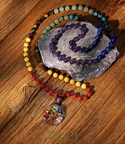 Bivei 108 Mala Beads Necklace Life Tree 7 Chakra Wrap Bracelet Real Healing Gemstone Yoga Meditation Hand Knotted Mala Prayer Bead Necklace - color: 7 Chakras Stone, size: 8mm