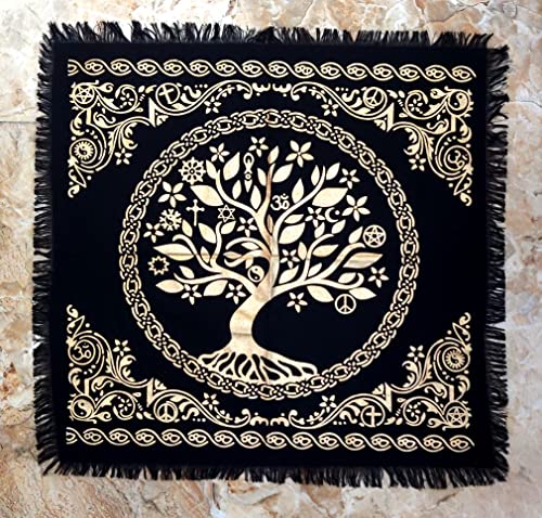 INDACORIFY Tree of Life Altar Table Top Cloth with Fringes Alter Tarot Witchcraft Spread Witchery Supplies Sacred Cloth 18x18 in (Gold Tree of Life) - color: Gold Tree of Life