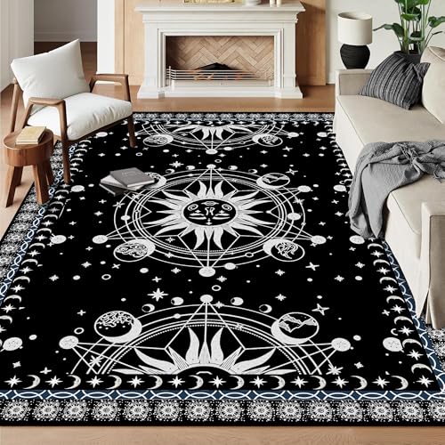 5' X 7' Sun and Moon Rug Boho Celestial Area Rugs for Bedroom Dorm Living Room Bohemian Occult Crescent Solar Stars Galaxy Floor Mat Pad Doormat Carpet,150 X 210cm,Black