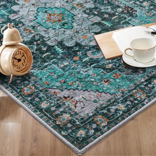 Ciicool Boho Washable 2x6 Runner Rugs,Hallway Kitchen Bedroom Beside Laundry Room Bathroom Rug, Pet & Kids Friendly, Non Slip Low Pile Stain Resistant Soft Foldable Floor Carpet - color: Teal/Multi, size: 2' X 6' (Runner)