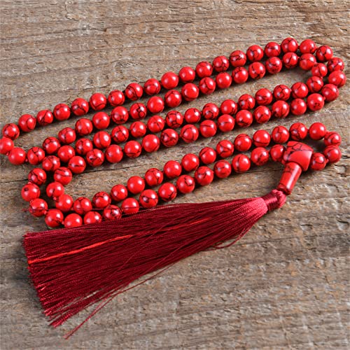 YGLINE Chakra 108 Mala Beads Bracelet Real Healing Gemstone Yoga Meditation Hand Knotted Mala Prayer Bead Necklace - color: Red Turquoise