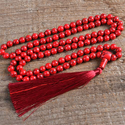 YGLINE Chakra 108 Mala Beads Bracelet Real Healing Gemstone Yoga Meditation Hand Knotted Mala Prayer Bead Necklace - color: Red Turquoise
