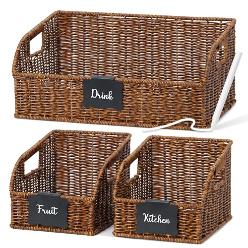 Pantry Organizers, Handwoven Large Wicker Baskets for Shelves, Labeled Storage Baskets for Organizing with Handles - Waterproof Plastic Storage Bins, Boho Decorative, 3Pack, Brown - color: Brown * Plastic, size: Plastic