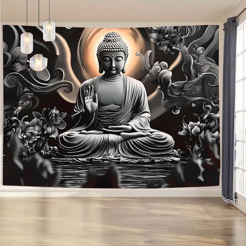 FENDROM Meditation Tapestry,Black Lotus Spiritual Gloden Buddha Zen Happiness Wall Hanging Large Psychedelic Tapestries Decorations Bedroom Living Room Dorm
